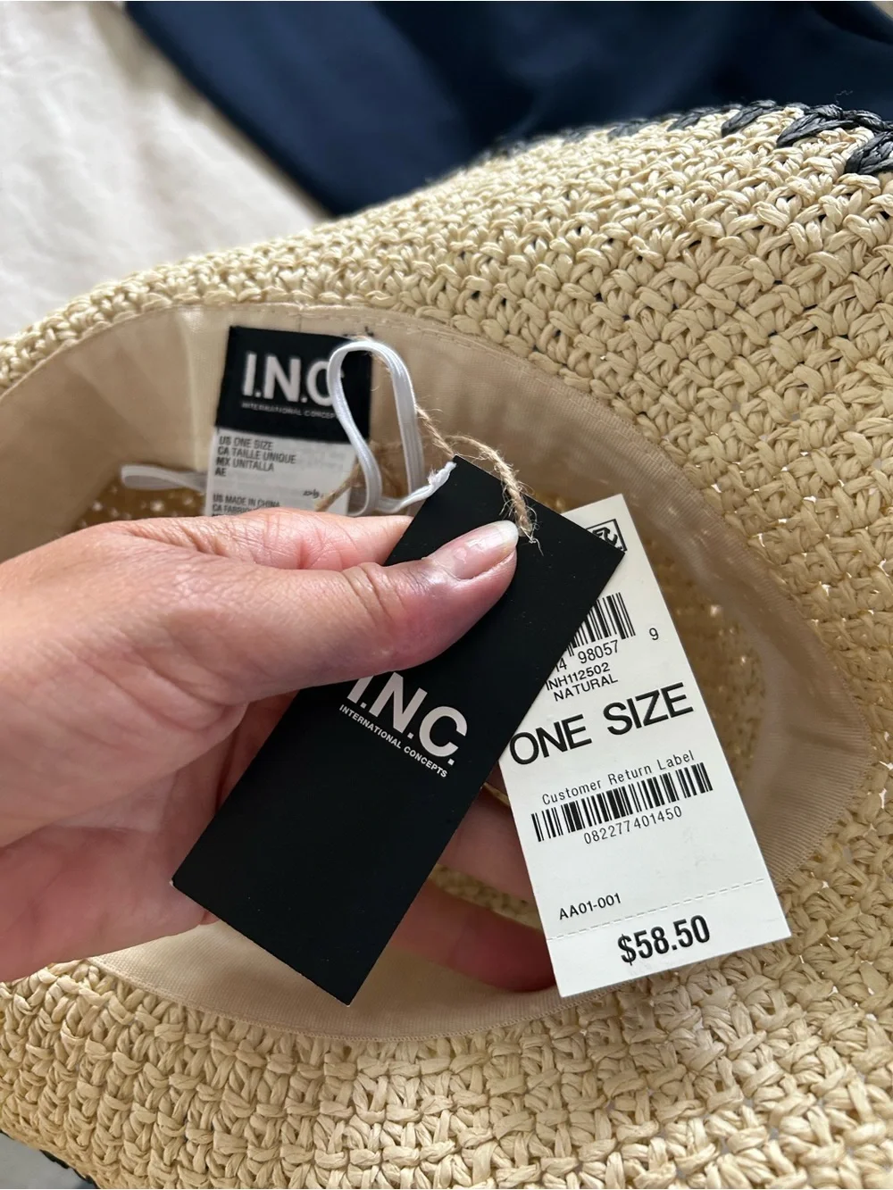 INC International Concepts Cream Straw Bucket Hat with Black Trim